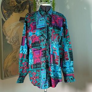 Men’s Vintage 90s Colorful Aztec Southwest Print Western Button Down Medium